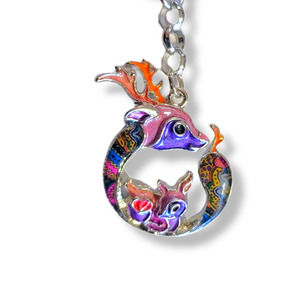 Chrome Silver Multi-Color Enamel Hodge Podge Deer and Doe Head Key Chain